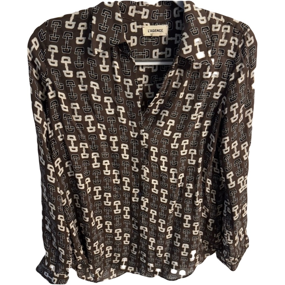 L’agence nina brown buckle print silk blouse xs